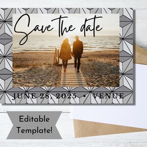 Editable Fairytale Wedding Save the Date | Gray Chevron Geometric Art Deco Design with Photo | Printable Template | Digital Download