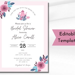 Editable Tea Party Bridal Shower Invitation + Recipe Card | Pink Purple Flowers Bridal Shower Printable Template | Digital Download