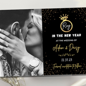 Foto editável de casamento de véspera de ano novo, salve a data, modelo de convite para impressão de anel de ano novo, confete dourado NYE, download digital