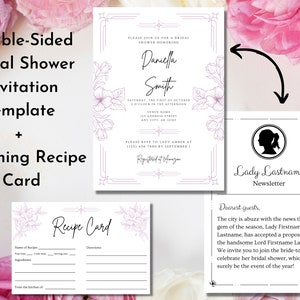 Bearbeitbare Regency Bridal Shower Einladung + Rezeptkarte | Minimalistische Lavendel Blumen Druckbare Vorlage | Diamant Braut | Digitaler Download