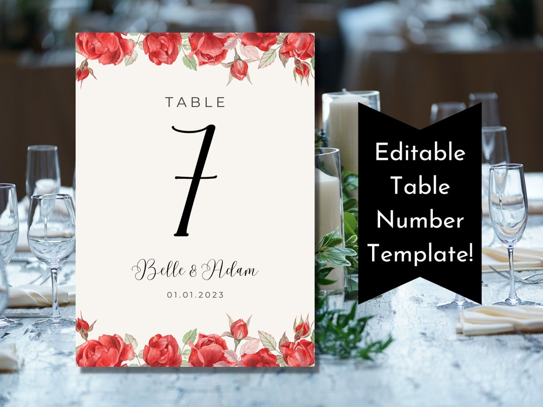 Red Roses Table Numbers Red Rose Wedding Table Number Template: Beauty and the Beast (digital ...