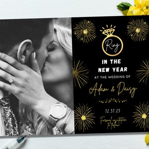 Foto editável de casamento de véspera de ano novo, salve a data, modelo de convite para impressão de anel de ano novo, NYE Gold Fireworks, download digital