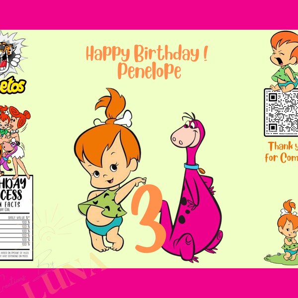 Pebbles Birthday Chip Bag,flinstones, Pebbles PNG, JPG,Pebbles Flinstones