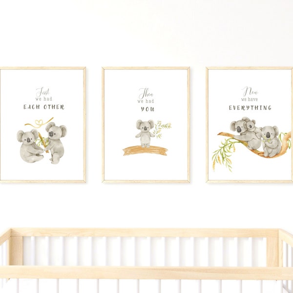 Koala Wall Decor Set of 3 Printable, First We Had Each Other Quote Wall Art, Koala Nursery Prints, Gray Neutral Nursery Decor, Koala Family