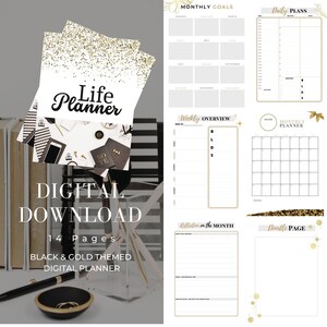 Paquete Life Planner / Organizador / Plantillas sin fecha / Diario de reflexión elegante / Planificador Goodnotes / Diario Semanal Mensual / Negro y Oro