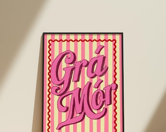 Cartel irlandés de Grá Mór (Big Love) Impresión ilustrada de rayas en idioma irlandés