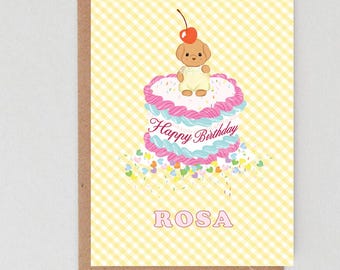 Tarjeta de cumpleaños personalizada con animales del bosque: nombre personalizado, diseño de tarta de cumpleaños.