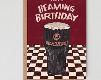 Tarjeta de cumpleaños Beamish – Felicitación dibujada a mano para amantes de la cerveza negra (5x7 pulgadas)