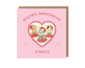 Personalised Woodland Animal Birthday Card – Custom Name, Strawberry Girls Design