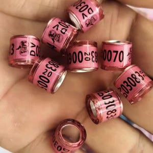 May include: A collection of pink bird bands with black printed numbers and symbols. The bands are cylindrical with clear plastic sides and a pink band around the middle. Some bands have the letters "DV" printed on them.