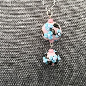 Pink and Blue Floral Necklace, Lampwork Bead Necklace, Flower Necklace,  Lampwork Beads, Lampwork Jewelry, Glass Beads, 1392
