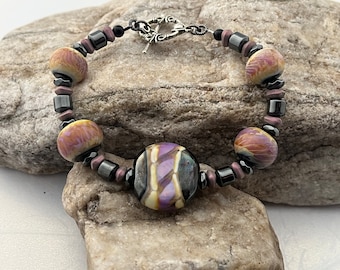 Silver Plum Beaded Bracelet, Handmade Bead Bracelet, Statement Jewelry, Lampwork Beads, Lampwork Jewelry, Glass Beads, Handmade Beads, 1333