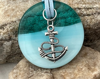 Ocean Blue Pendant, Fused Glass Pendant, Round Pendant, Chunky Pendant, Handmade Pendant, Blue Round Pendant, Christmas Gift, 1221