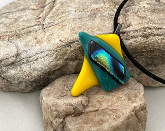 Dichroic Pendant, Yellow and Teal Fused Glass Pendant, Dichroic Glass Pendant, Geometric Pendant, Yellow Pendant, Teal Green Pendant, 419
