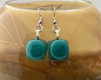 Teal Fused Glass Earrings, Stainless Steel Wires, Square Earrings, Gift for Her, Gift for Mom, Gift for Sister, Handmade Jewelry, 693