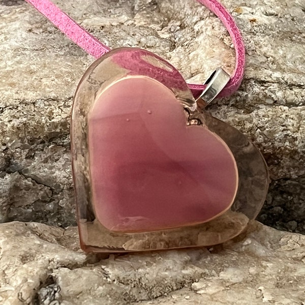 Pink Heart Pendant, Fused Glass Heart Pendant, Fused Glass Pendant, Fused Glass Heart, Heart Pendant, Pink Pendant, Handmade Gift, 1266
