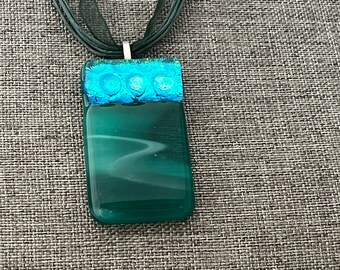 Green Dichroic Fused Glass Pendant, Handmade Gift, Green Pendant, Fused Glass Necklace, Teal Green Pendant, Dichroic Pendant, 244