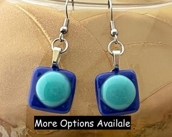 Blue Fused Glass Earrings, Stainless Steel Dangle Earrings, Square Cabochon, Gift for Mom, Gift for Her, Gifts for Teacher, 582