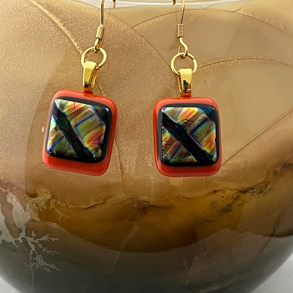 Orange Dichroic Earrings, Black Dichroic Fused Glass Earrings, Stainless Steel Dangle Earrings, Fused Glass Earrings, Gift for Mom, 588