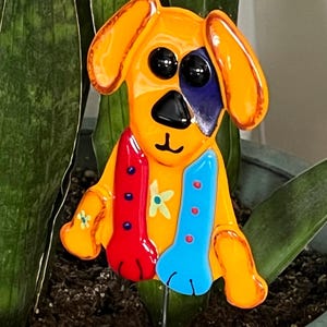 Patchwork Puppy Plant Stake, Flower Pot Dog, Garden Decoration, Dog Pot Stake, Dog Garden Stake, House Plant Stake, Dog Lover Gift, 1468