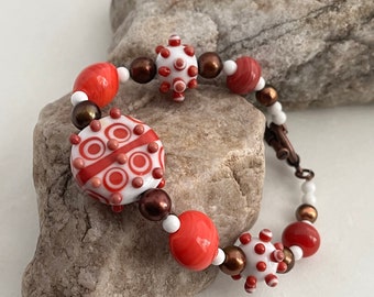 Brick Red Lampwork Glass Bead Bracelet, Red Lampwork Bracelet, Red Bracelet, Glass Bead Bracelet, Chunky Bracelet, Handmade Bracelet, 223