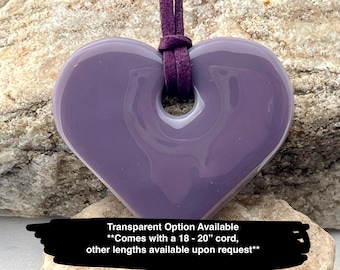 Collar grande con colgante de corazón morado de vidrio fundido, gargantilla, dije para bolso, joyería hecha a mano, collar grande, regalo para mamá, regalo para ella, 1388