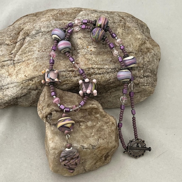 Purple Necklace, Purple Floral Lampwork Glass Beaded Necklace, Lampwork Beads, Lampwork Necklace, Lampwork Jewelry, Purple Beads, 69