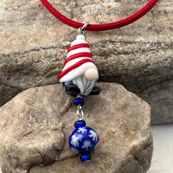 Fourth of July Gnome, Lampwork Gnome, Lampwork Pendant, Red White and Blue Gnome, Gnome Bead, Holiday Gnome, 1397