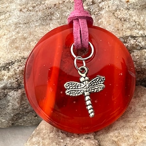 Orange Pendant, Fused Glass Pendant, Dragon Fly Charm, Round Pendant, Chunky Pendant, Handmade Pendant, Orange Round Pendant, 1194 image 1