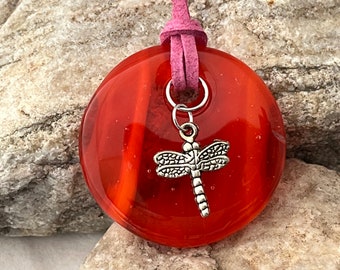 Orange Pendant, Fused Glass Pendant, Dragon Fly Charm, Round Pendant, Chunky Pendant, Handmade Pendant, Orange Round Pendant, 1194