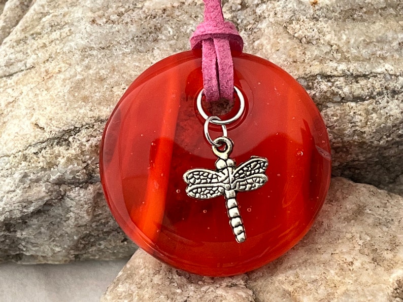 Orange Pendant, Fused Glass Pendant, Dragon Fly Charm, Round Pendant, Chunky Pendant, Handmade Pendant, Orange Round Pendant, 1194 image 1