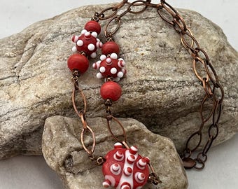 Red Necklace, Lampwork Bead Necklace, Copper Chain Necklace.  Lampwork Beads, Glass Beads, Handmade Beads, Red Beads, Brick Red Beads, 454