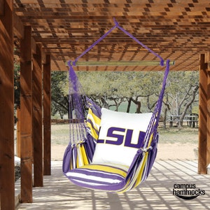LSu chair swing outdoors. Lsu gift idea for alumni and graduation