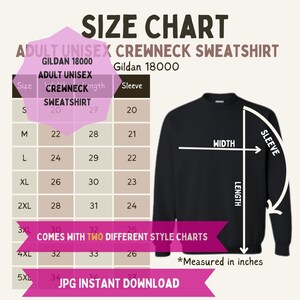 Gildan 18000 Adult Unisex Crewneck Sweatshirt Size Chart, Digital File Size Chart for Gildan 18000 Crewneck Sweatshirt Size Chart