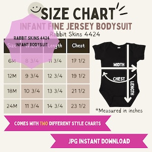 Rabbit Skins 4424 Infant Jersey Bodysuit Size Chart, Digital File Size Chart for 4424 Infant Jersey Bodysuit, Digital Download, Flat Lay