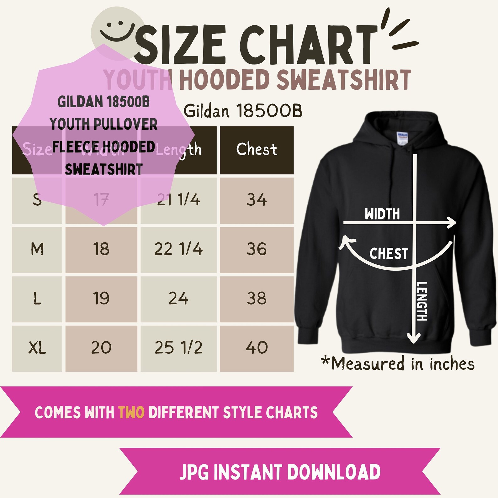 Gildan 18500B Youth Hooded Sweatshirt Size Chart, Digital File Size ...