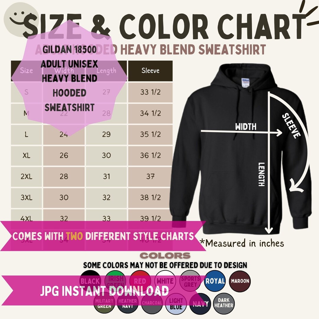 Gildan 18500 Adult Unisex Hooded Sweatshirt Size and Color Chart