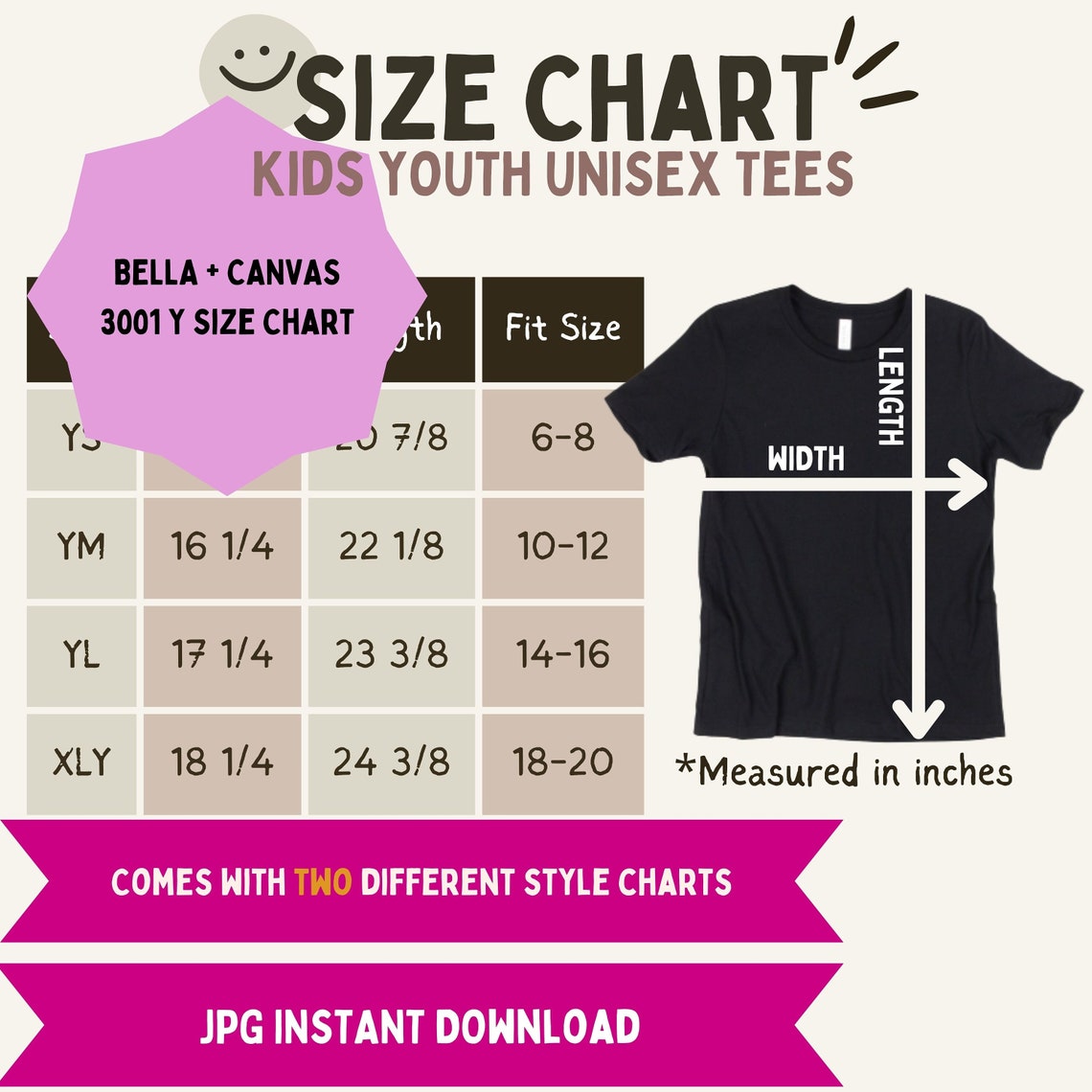 Bella Canvas 3001 Y Size Guide Youth Tee Size Guide Bella - Etsy