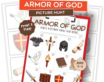 Armor of God Picture Hunt for Kids – Printable Bible Scavenger Hunt – Sunday School Activity – Church Game – Preschool Bible Activity