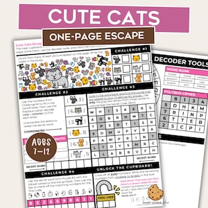 Juego de escape de una página con un lindo gato – Juego imprimible para fiestas infantiles – Juego de rompecabezas para niños – Mini sala de escape – Noche de juegos en familia – Juego para el aula