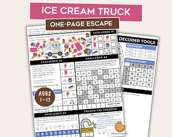 Ice Cream Truck One-Page Escape Room – Printable Summer Game – Kids Puzzles – Mini Escape Room – Family Game Night – Classroom Activity