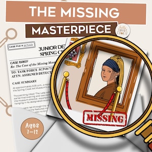 Juego de misterio y detectives en el museo de arte para niños / El caso de la obra maestra desaparecida / Juego de rompecabezas imprimible / Edades: 7–12