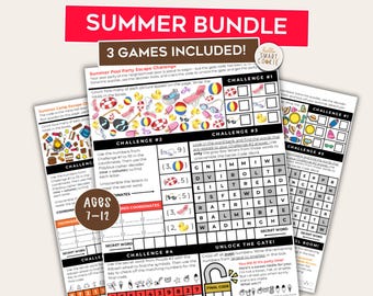 Summer Escape Room Bundle – 3 One-Page Escape Rooms – Kids Printablle Puzzle Games – Family Game Night – Summer Birthday Party Game