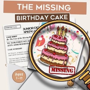 Jeu d'enquête policière pour enfants | Fête d'anniversaire imprimable | L'affaire du gâteau d'anniversaire manquant | 7-12 ans
