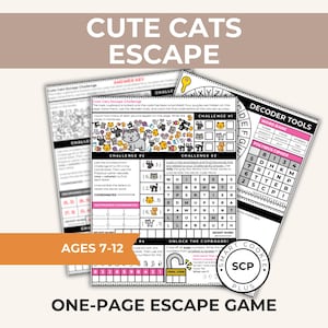 Escape Room con gatti carini per bambini / Puzzle di fuga di una pagina / Gioco di puzzle stampabile / Età 7-12