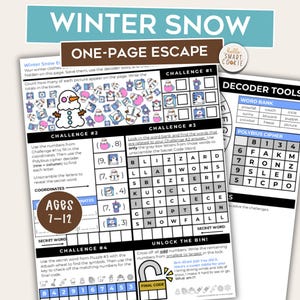 Escape Room de invierno de una página para niños de 7 a 12 años: actividad imprimible para días de nieve, ideal para noches de juegos en familia o para el aula.