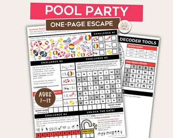 Summer Pool Party One-Page Escape Room – Printable Party Game – Kids Puzzle Game – Mini Escape Room – Family Game Night – End of Year