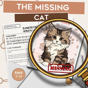Juego de misterio y detectives para niños / Juego del gato para imprimir / El caso del gato desaparecido / Edades: 7-12 años