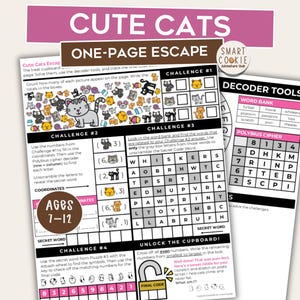 Jeu d'évasion d'une page avec un chat mignon – Jeu de société à imprimer pour enfants – Jeu de réflexion pour enfants – Mini salle d'évasion – Soirée jeux en famille – Jeu pour la classe