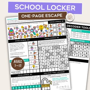 Juego de escape de una página con temática de casillero escolar – Juego imprimible para el aula – Juego de rompecabezas para niños – Mini sala de escape – Noche de juegos en familia – Actividad escolar